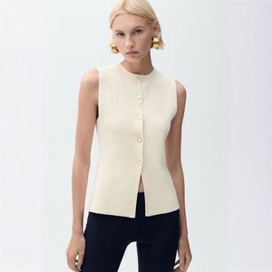 MNG Mango Ribbed Knit Sleeveless Button-Up Vest Top